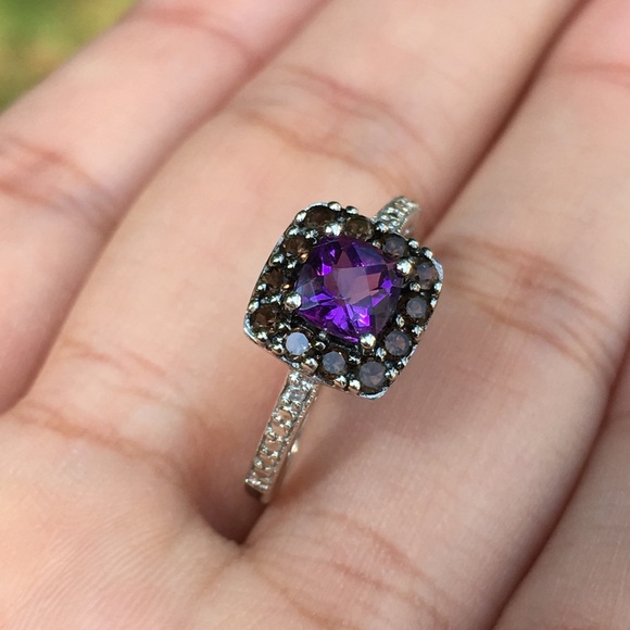 10k Solid White Gold Amethyst & Smokey Quartz Ring - Picture 14 of 15